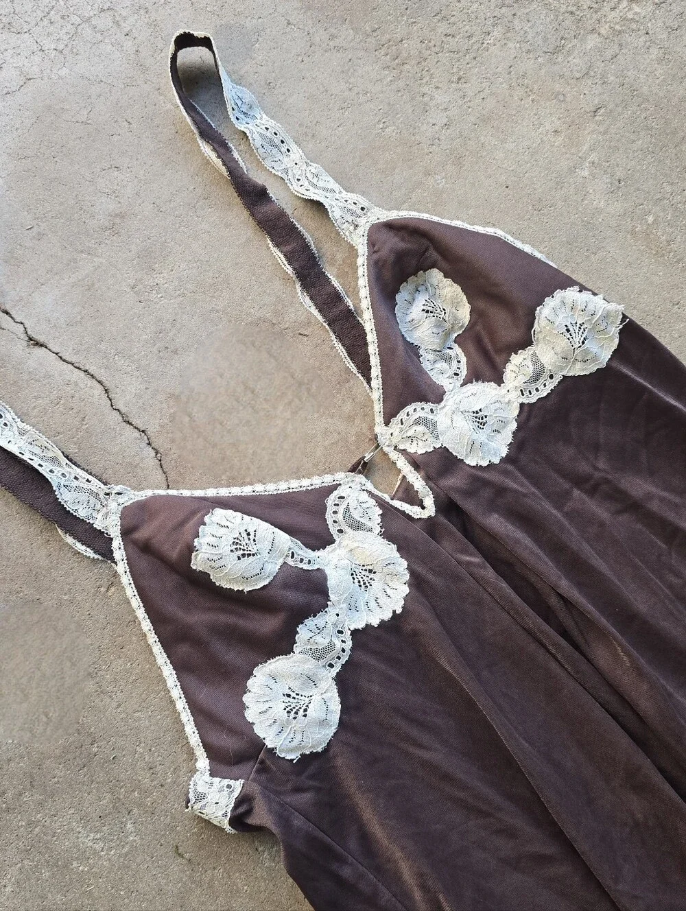 Vtg 60s 70s Vassarette Brown Lace Maxi Slip DRESS Gown Sz 34